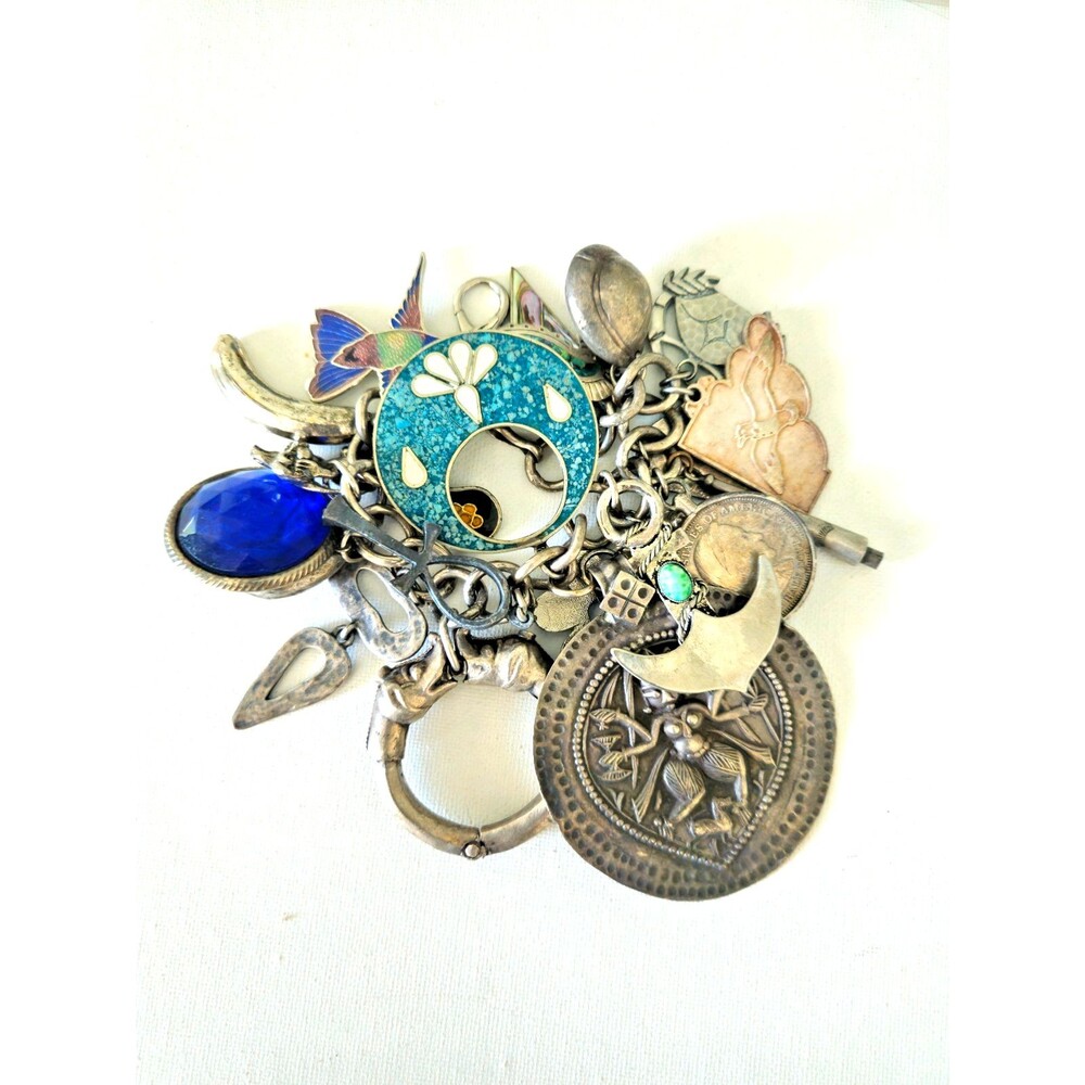 Vintage World Traveler Charm Bracelet 218g Mixed Metal Sterling Mexico 1893 Coin